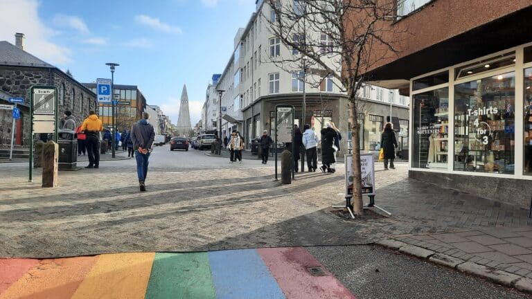 Reykjavík straat met Halgrimskirkja IJsland
