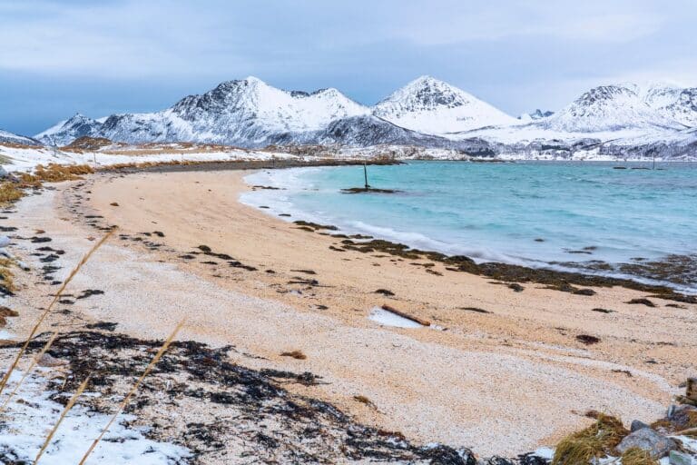 Zandstrand met zicht op besneeuwde bergen en helderblauw water van Sommaroy