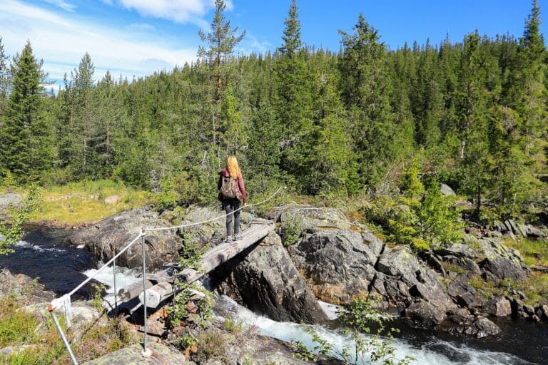 Een wandelaar op een brug boven een kolkend riviertje in Telemark