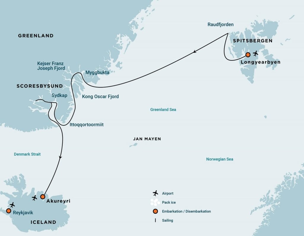 Route expeditie cruise van Spitsbergen naar Groenland en IJsland inclusief lange wandelingen