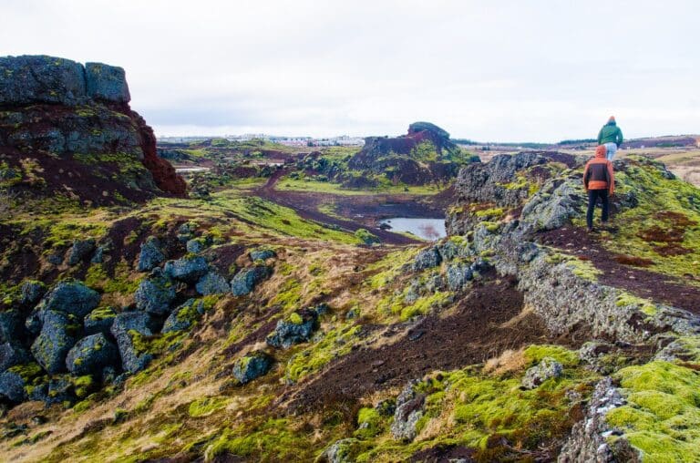 Wandelaars lopen door een landschap met lava en mos in Heidmörk, IJsland