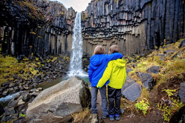 Kinderen kijken naar de svartifoss waterval in skaftafell ijsland.