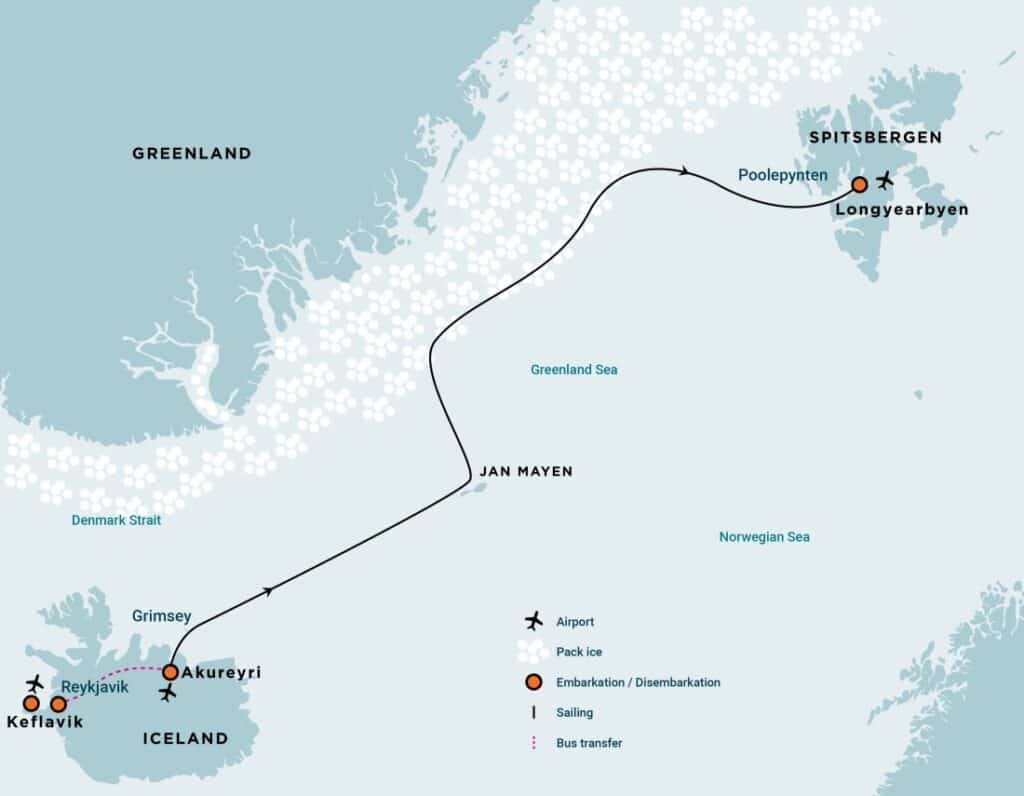 Kaart expeditie cruise van IJsland naar Spitbergen via Jan Mayen