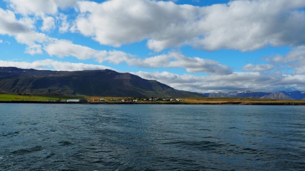 Kustlijn Eyjafjörður baai vanaf het water, Noord-IJsland