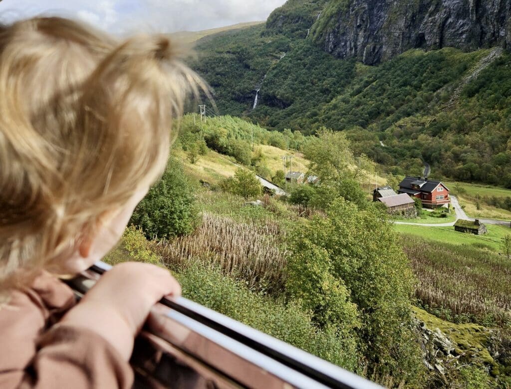 Peuter kijkt uit het raam van trein Flamsbana Noorwegen