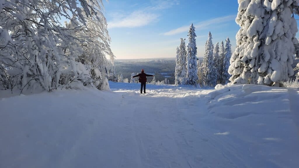 Man met armen wijd met uitzicht over besneeuwde valei Finland