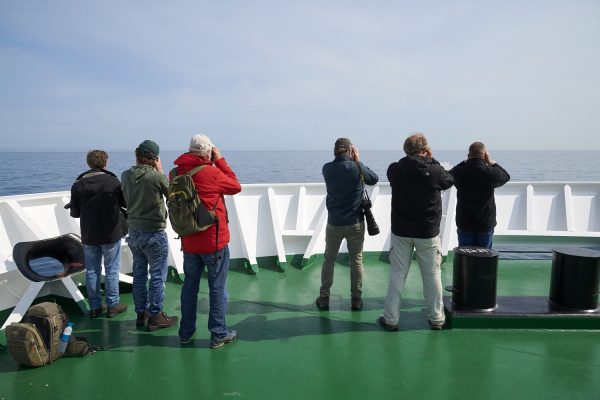 Mensen maken foto's van uitzicht op voordek van expeditie schip de Hondius