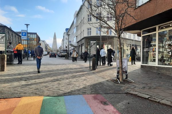 Reykjavík straat met Halgrimskirkja IJsland