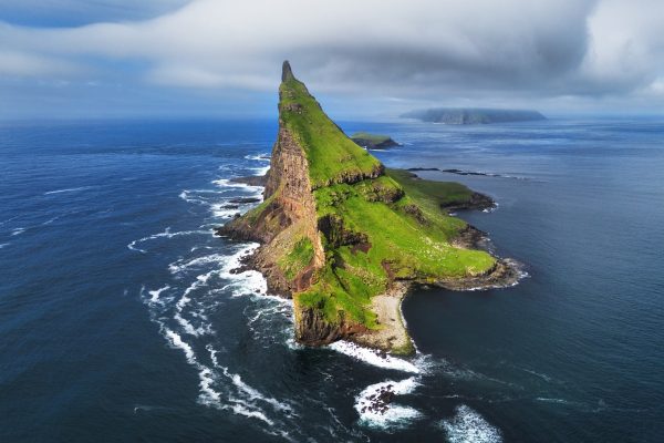 Tindholmur,On,Faroe,Islands,Vagar,,Aerial,Drone,View,During,Day