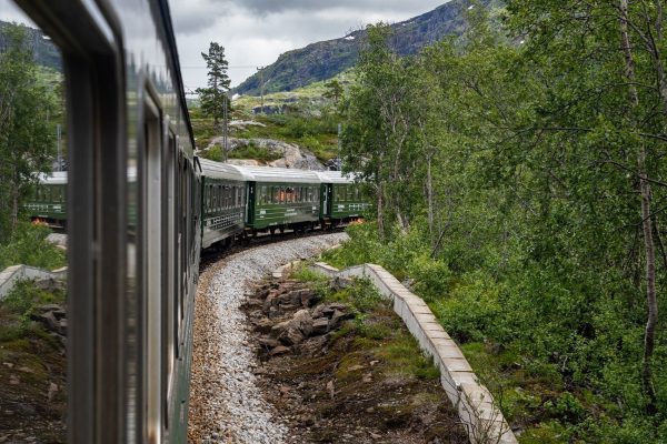 Treinreis flåm, zicht vanaf de trien op het spoor en het achterstel van de trein