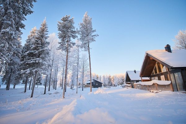 Huisjes van Jockfall in Lapland en besneeuwde bomen