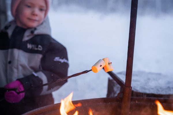 Kind roostert marshmallows boven kampvuur in de sneeuw