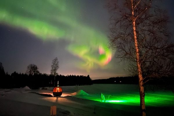 Noorderlicht boven barrel sauna bij hotel Metsahirvas in Fins Lapland