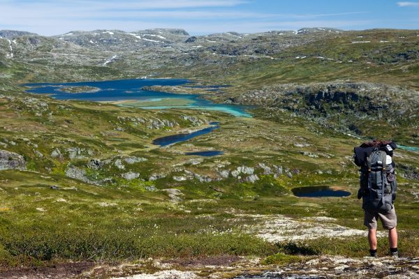 Een wandelaar uitkijkend over de hoogvlakte Hardangervidda in Noorwegen
