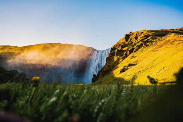Stunning,View,Of,The,Skógafoss,Waterfall,At,Sunset.,Skógafoss,Is