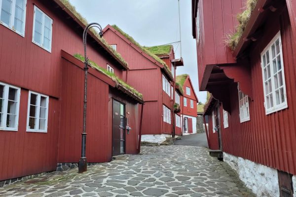Steeg in Torshavn, Faeröer eilanden, met aan beide kanten rode huisjes.